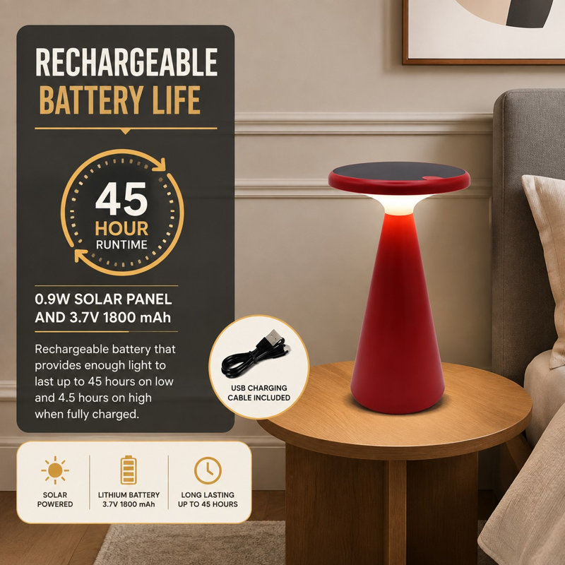 Lampe solaire rouge en forme de champignon offrant une gradation continue et une autonomie de 45 heures