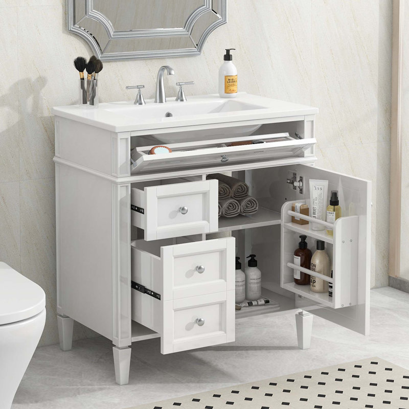 Meuble-lavabo de 30 po avec lavabo supérieur, Blanc, Blanc