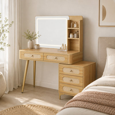 Coiffeuse UNAROZ rétro avec tiroirs en rotin et miroir
