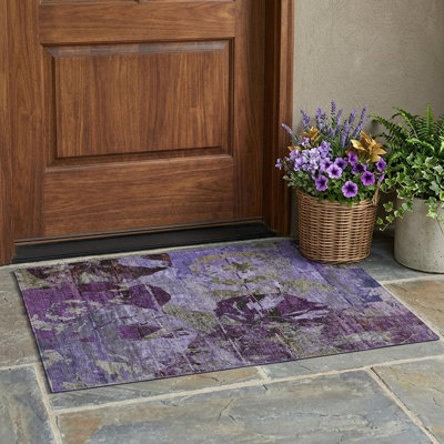 Tapis extérieur lavable antidérapant à motif floral mauve et vert 3 pi x 5 pi