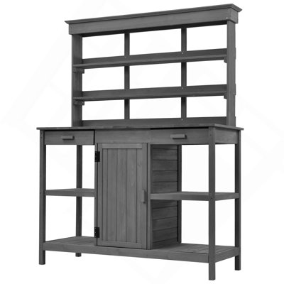 66'' Large Outdoor Farmhouse Wooden Potting Bench Table, Garden Workstation with 2 Drawers,Cabinet and Open Shelves for Backyard, Mudroom