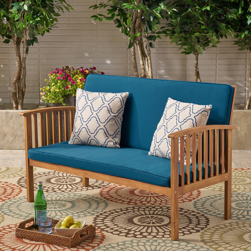 Nobhill 53.25'' Wide Straight Acacia Loveseat with Cushions, Brown Patina, Dark Teal