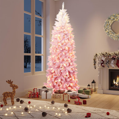 2.3m Pre-Lit Artificial Christmas Tree, RGB & Warm White Lights, Snow Flocked Pencil Tree, Pink Gradient, Foldable Base for Home, Office & Party Decor
