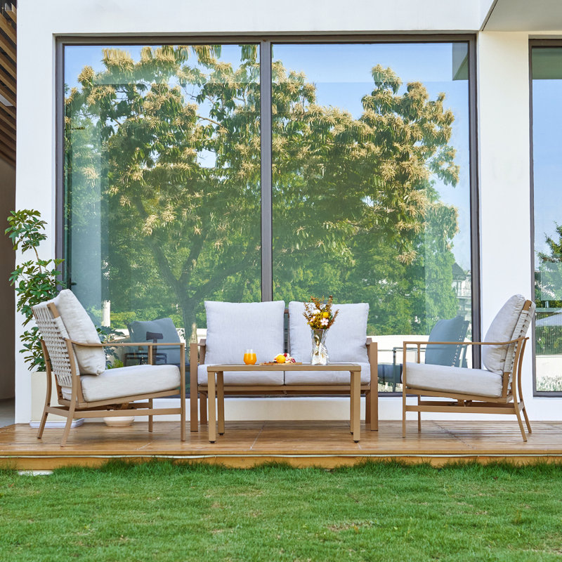 Wadena 4 Pieces Rope Outdoor Furniture with High Back Hand-Woven Rope Rocking Chairs and Loveseat