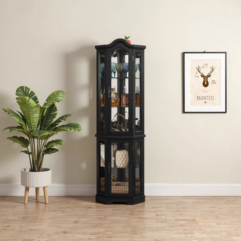 Lighted Corner Curio Cabinet with Tempered Glass Doors & Adjustable Shelves - Elegant Black Display Storage for Living Room & Bedroom Decor