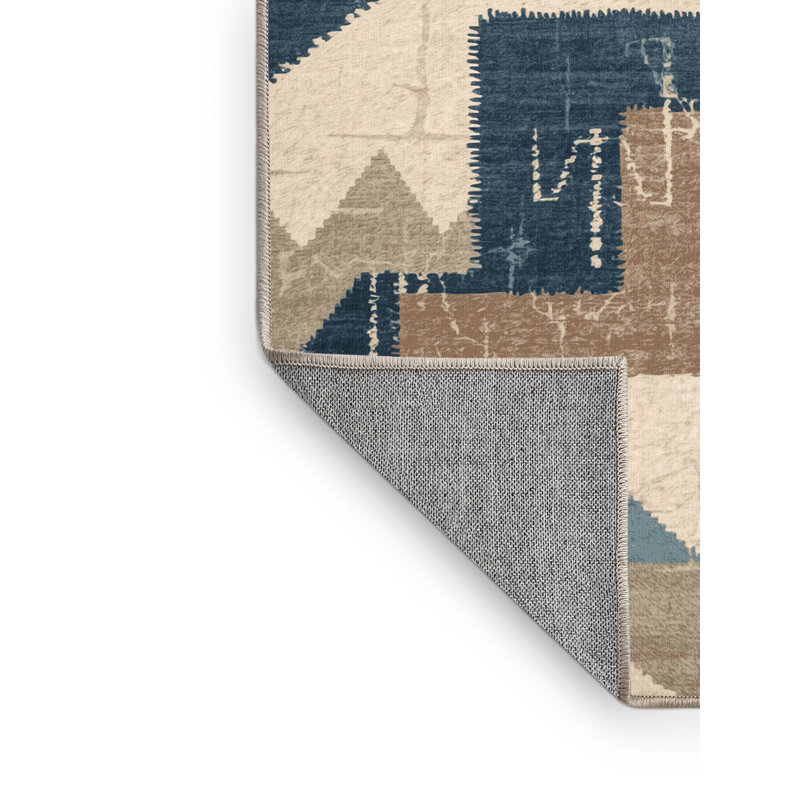 Machine Washable Ottoline Global Inspired Block Print Rug in Gray – Binding, 5' Square