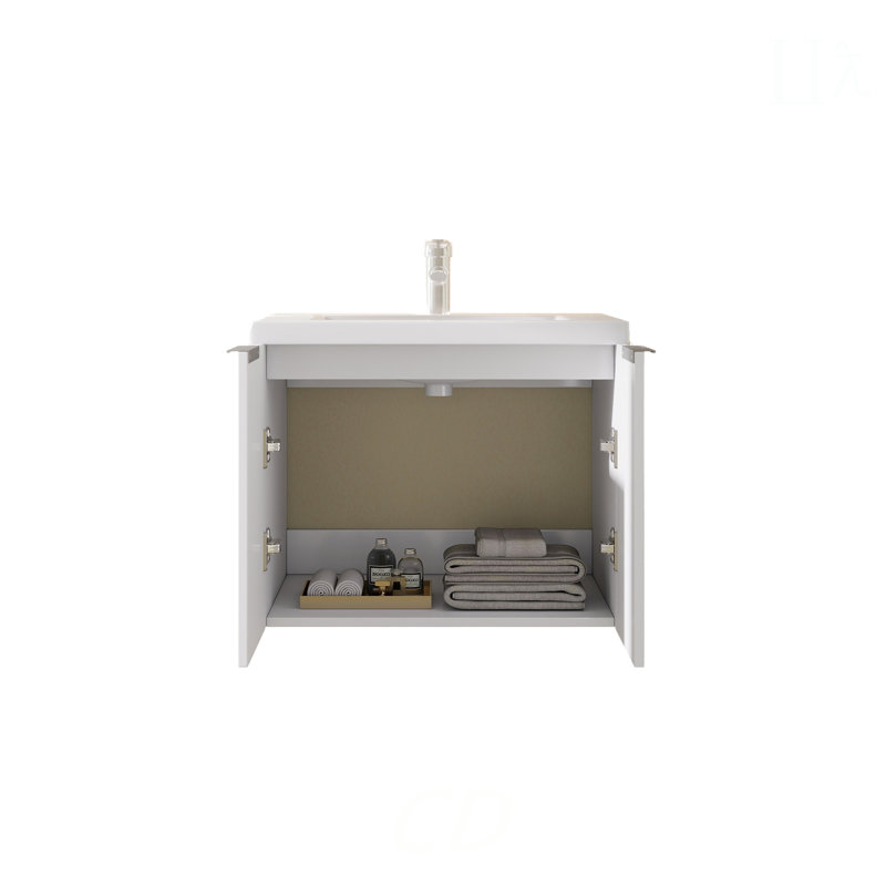 Meuble-lavabo suspendu de 61 cm avec lavabo, lavabo en céramique de 2 cm, armoire en contreplaqué, portes doubles à fermeture amortie