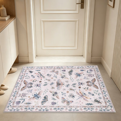 Tapis d'insectes insectes rose clair pour le salon, doux et confortable, convient à toutes les saisons, facile à entretenir, tapis de sol intérieur lavable à la machine, sous la table de ferme convenant à la chambre à coucher, à la salle à manger, au bureau, au patio, au balcon, à la décoration intérieure
