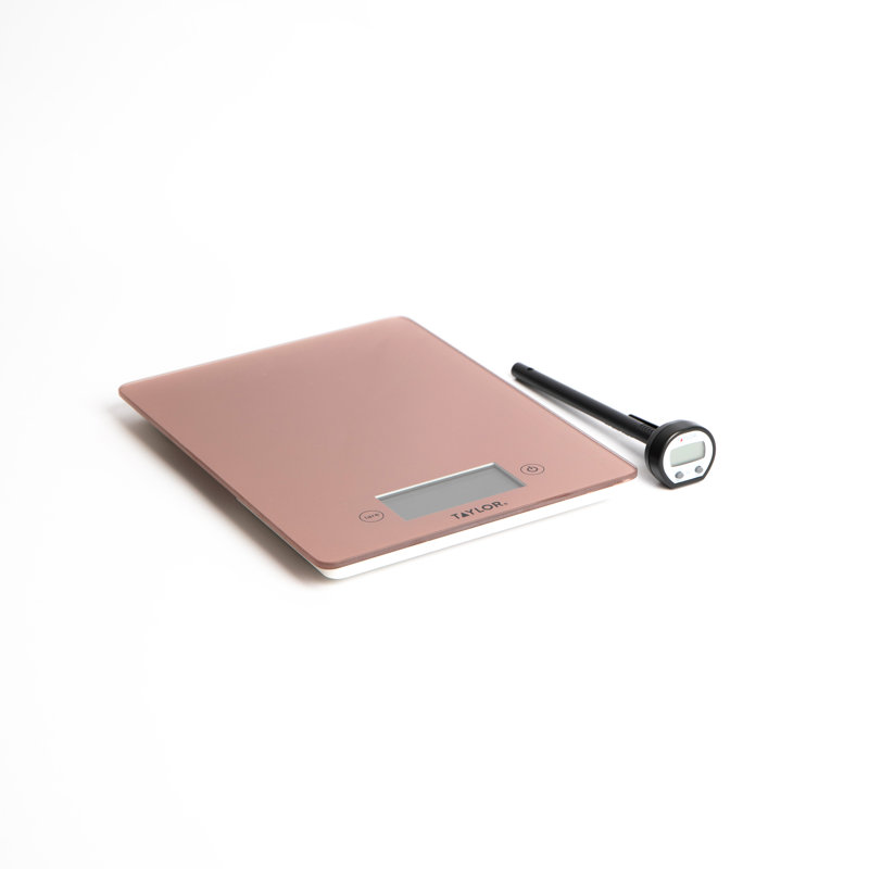 Taylor Set of Gift-Boxed Pro Glass Digital Kitchen Scale 5kg, Pro Thermometer, Rose Gold, 1.8cm H x 17cm W