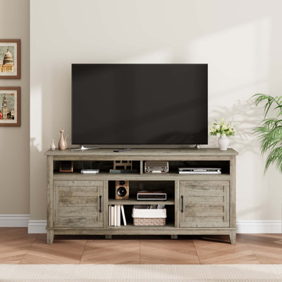 Meuble télé gris 63 pouces, centre de divertissement avec portes d'armoire et tablettes réglables, table de rangement pour le salon, la chambre à coucher