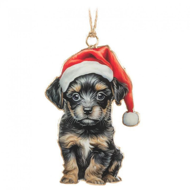 Ornement chiot avec chapeau de père Noël