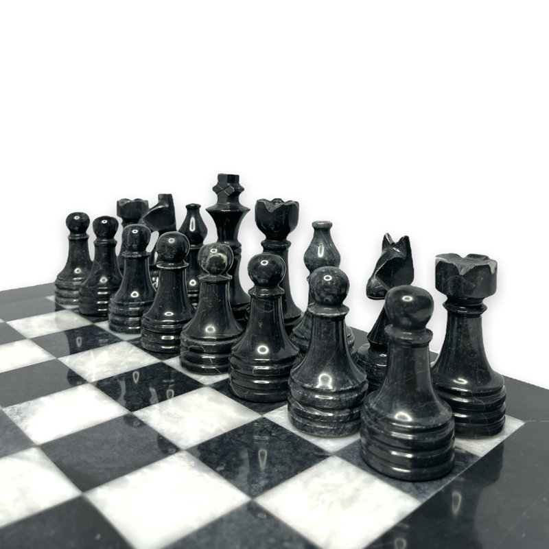 Jeu d'échecs en marbre noir et blanc 16 po avec bordure noire | Jeu d'échecs en marbre de luxe de grande taille avec boîte-cadeau élégante | Jeu d'échecs fait à la main