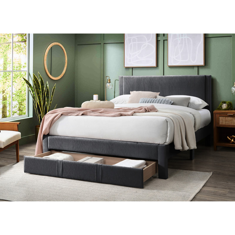 Lit plateforme contemporain de taille double avec velours côtelé gris anthracite et tiroir sous le lit, idéal pour la chambre à coucher avec rangement, design moderne
