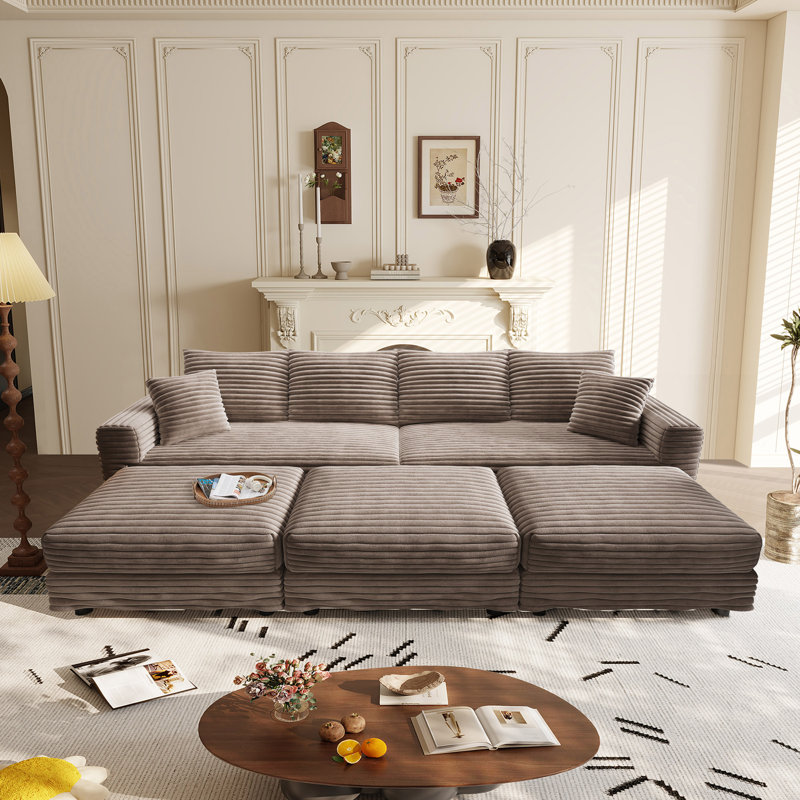 7 Seater Oversized Modular Sofa Extra Deep Cloud Corduroy Sectional Couch With Ottoman Chaise, Camel