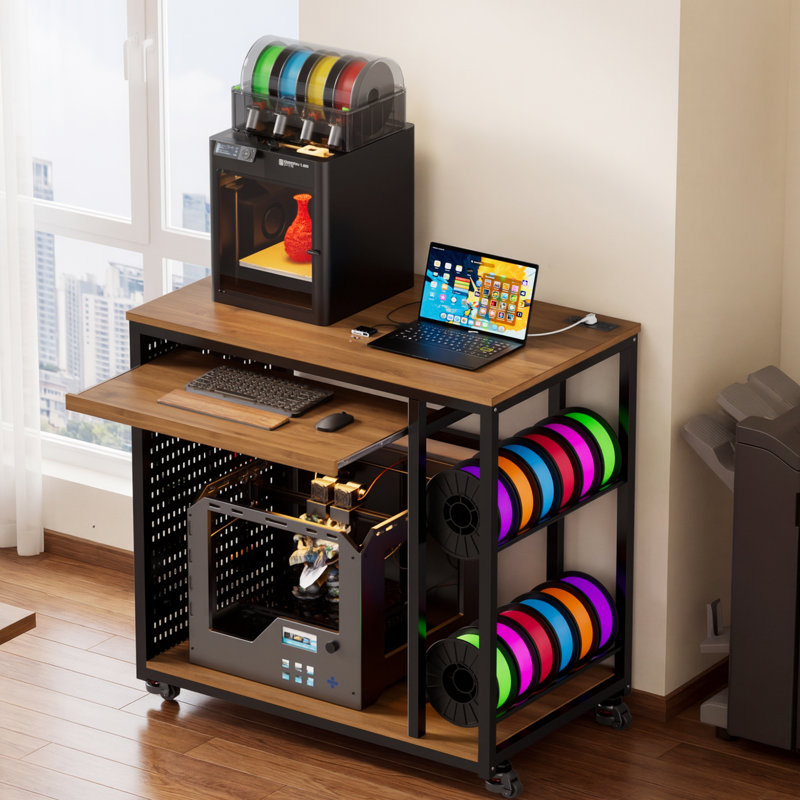 Support pour imprimante 3D avec plan de travail à filament, grande table d'imprimante 3D à 3 niveaux avec prise de courant et roulettes de nivellement, bureau pour imprimante à roulettes robuste avec panneau perforé pour atelier / bureau / studio