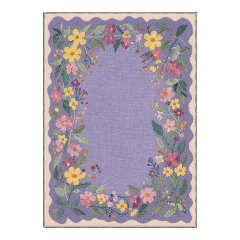 Verdant Floral Machine Washable Purple / Yellow / Green / Beige Indoor Area Rug with Non-Slip Backing, Rectangle 6' x 9'