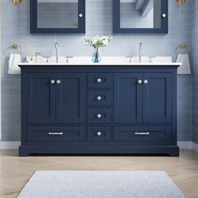 Meuble-lavabo sur pied 60 po x H 34,25 po avec comptoir en marbre de culture blanc pur et double lavabo