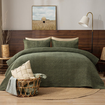 PHF Enzyme-Washed 100% Cotton Waffle Quilt Set, 3PCS Soft Lightweight Quilt for All Season, Square Quilted Bedspread Set, Cozy Coverlet for Home Decor