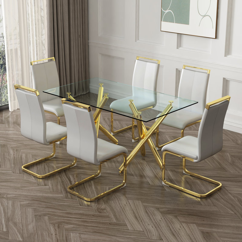 Chaises de salle à manger cantilever modernes Amari en similicuir avec base au fini doré (lot de 2), Gris clair, 2, Doré