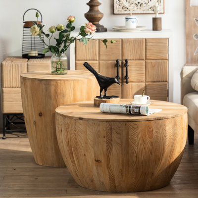 Vintage-style Coffee Table (2 Pieces) - Bucket Shape. Wood & . Storage Function. 220 Lbs Load Capacity. No Assembly. Clean Easily With Antique Oil. Natural Color Scheme In Shape 2 Pieces. Wood.