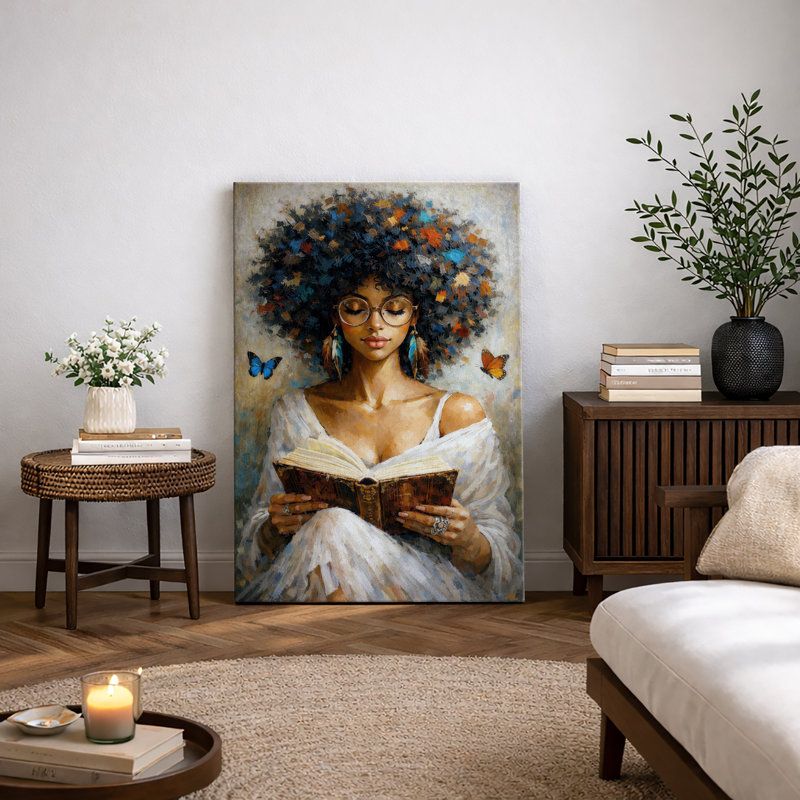 «Elegant Woman», lecture de livres avec papillons, art de chambre à coucher, impression sur toile encadrée, Toile tendue