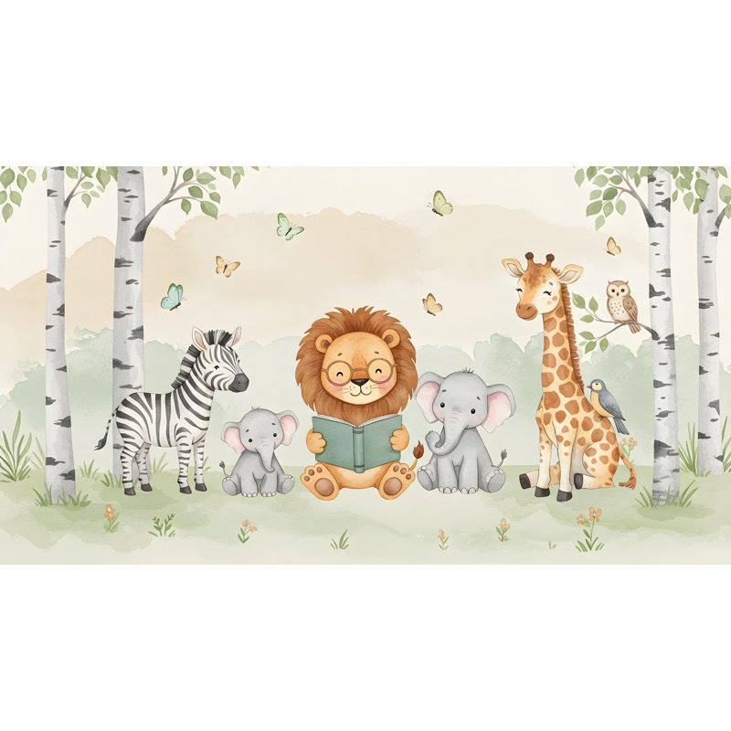 Lion lisant un livre mural graphique zèbre pelez et collez chambre d'éléphant Safari papier peint pépinière girafe murale 575RS (non tissé) RS575
