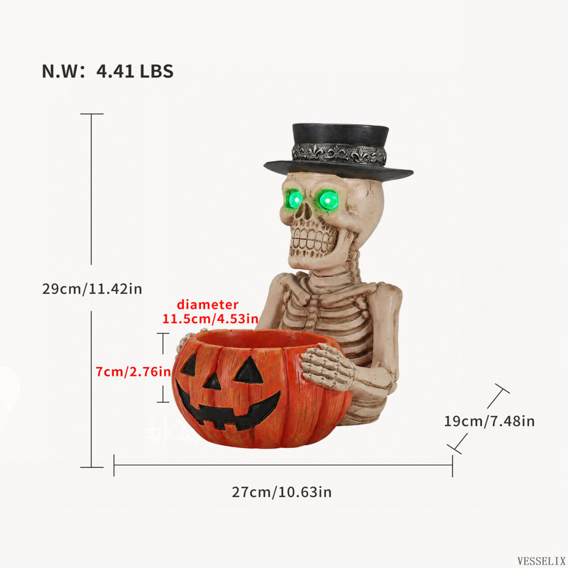 Figurine de squelette d'Halloween avec bol à bonbons citrouille et bougeoir, 11.42" H x 10.63" W x 7.48" D