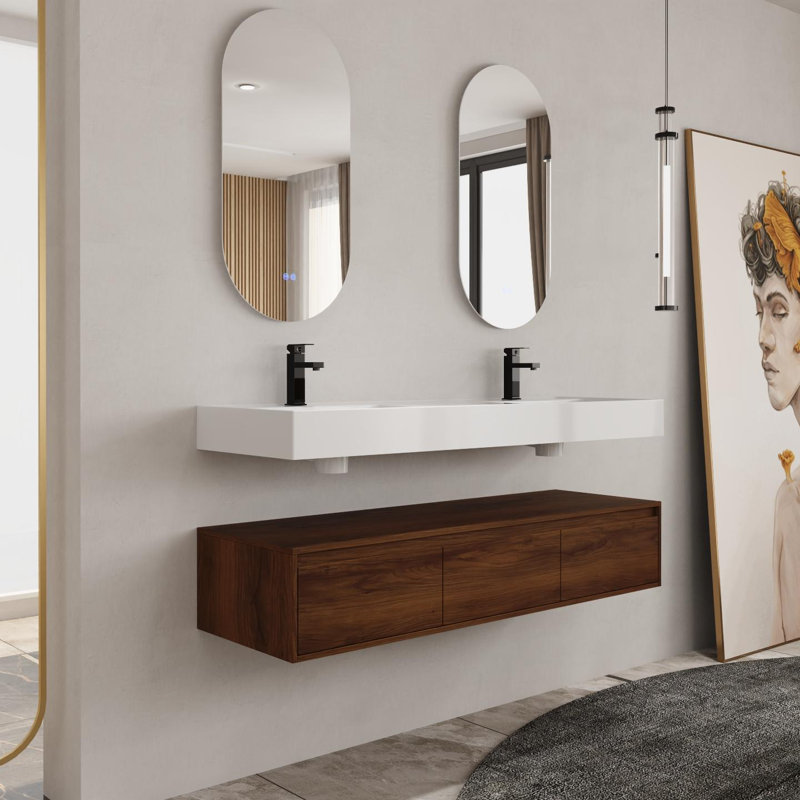 Meuble-lavabo mural de 60 po avec lavabo en résine, tiroir à fermeture en douceur et fixation flottante