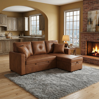 Sleeper Sofa Sectional with Pull-Out Bed, Reversible Chaise & Storage, Breathable Fabric, Small Space L‑Shaped Convertible Sofa Bed for Living Room