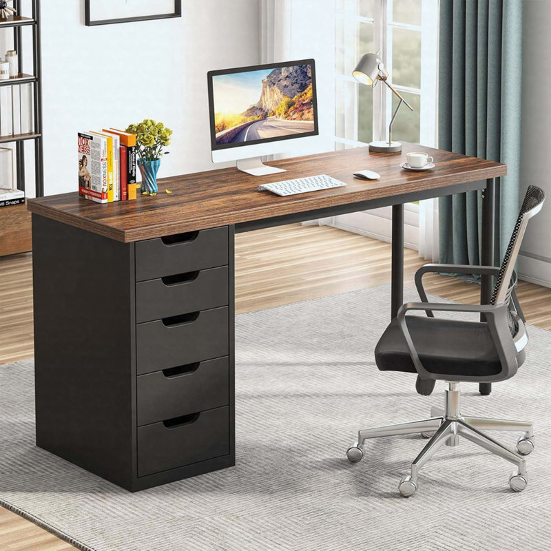 Bureau d'ordinateur à 5 tiroirs, Brun / noir