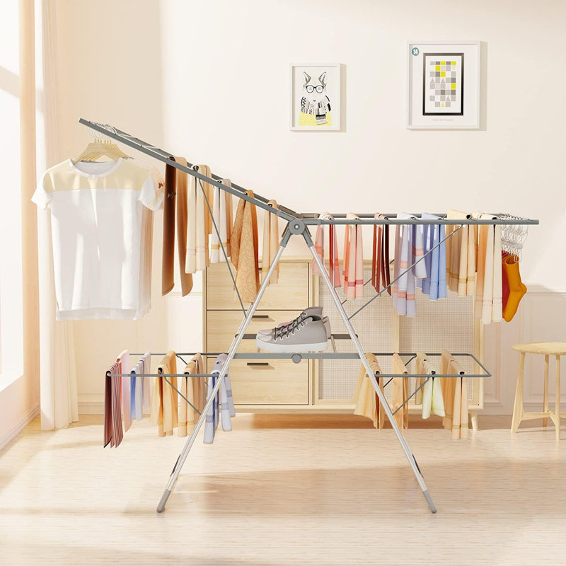 Séchoir à vêtements pliable à 2 niveaux, couleur grise, grand support à linge en acier inoxydable, conception pliable avec 33 rails de séchage, utilisation intérieure et extérieure portable, style utilitaire contemporain