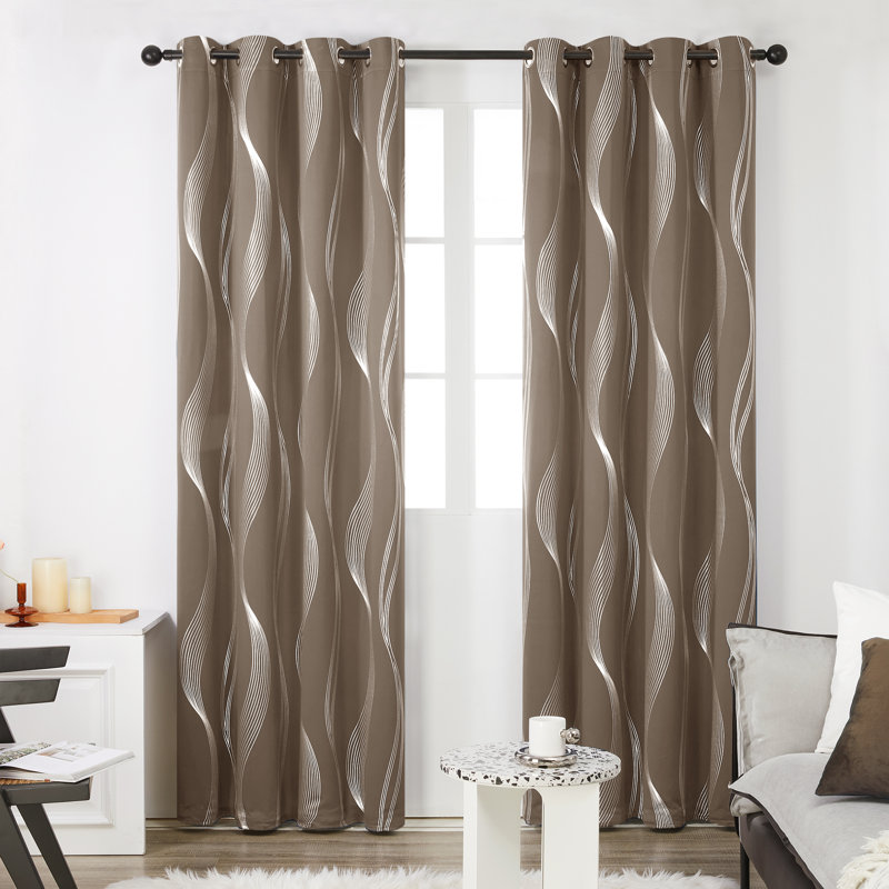 Spurgh Sliver Wave Foil Print Blackout Thermal Grommet Curtain Panels (Set of 2), 52" W x 84" L, Khaki