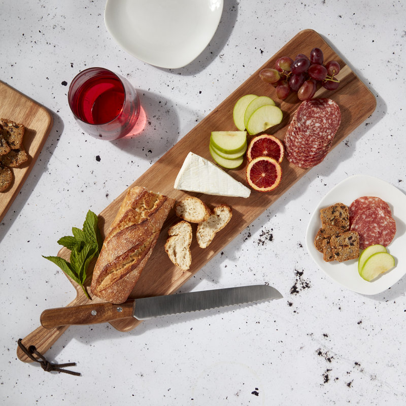 Tabletops Gallery Acacia Wood Rectangular Serving Board Set with Handle and Bread Knife