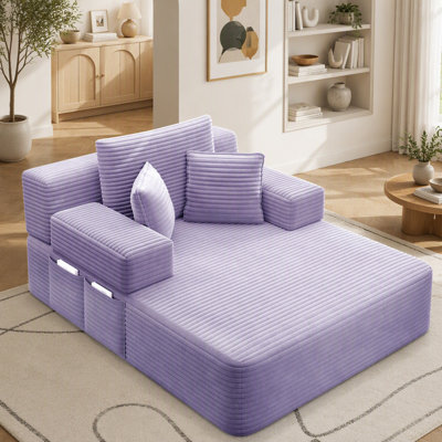 Oversized Plush Corduroy Chaise Lounge Sofa Bed, 2-in-1 Convertible Sleeper Couch with Side Storage Pockets and Pillows, Frameless Multi-Functional Sofa for Apartment, Guest Room, Dorm