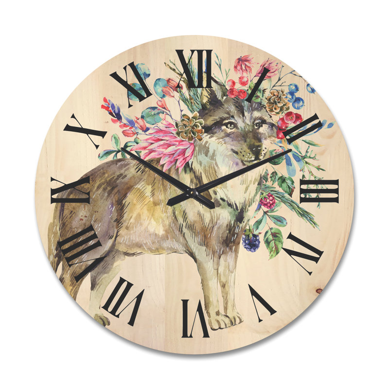 Horloge murale loup avec fleurs en bois, Très grand