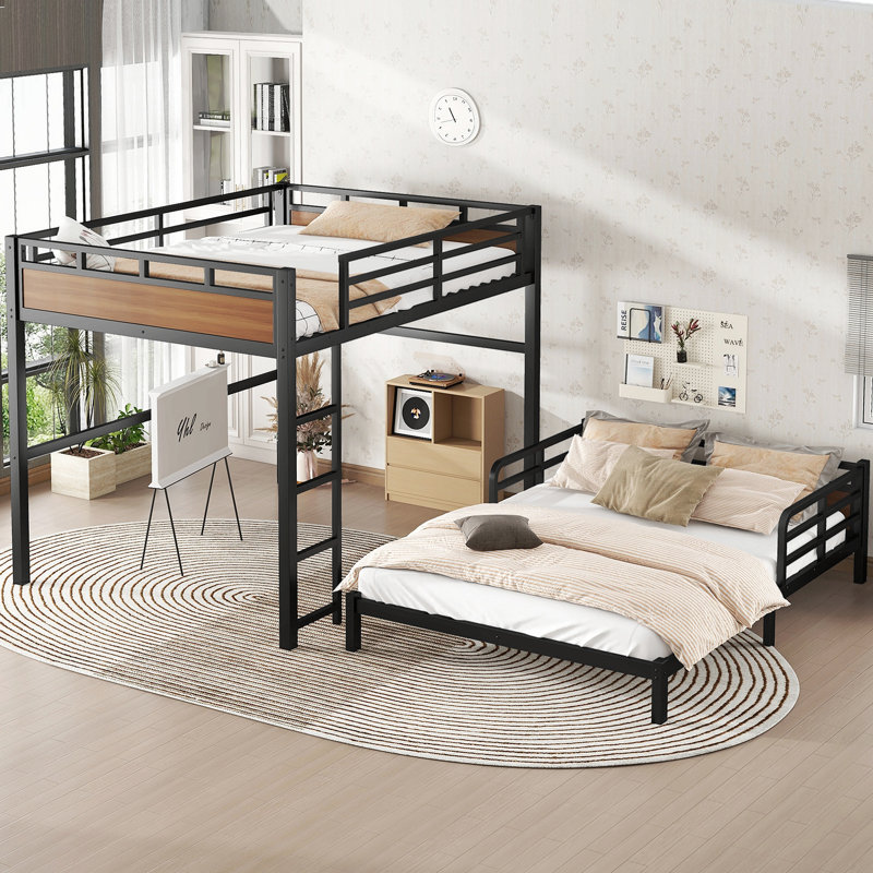 Queen Over Queen Metal Bunk Bed/Metal Loft Bed,Separable Bunk Beds,With Raised Security Fence,Walnut Color