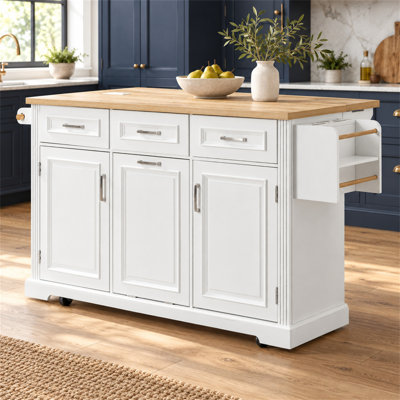 Îlot de cuisine à roulettes de 164 cm (64,57 pouces) avec rangement pour poubelle, abattant et prises électriques, blanc