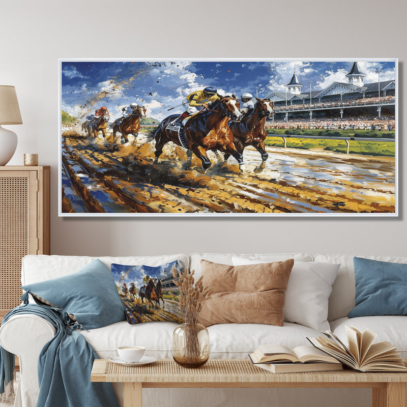 Marlyin - course de chevaux, art mural, H 28 po x l 60 po x P 1,5 po, Cadre flottant blanc