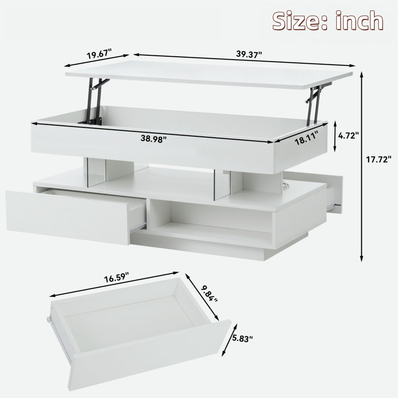 Table basse à plateau relevable avec compartiment caché, 2 tiroirs de rangement et lumières DEL réglables, Blanc