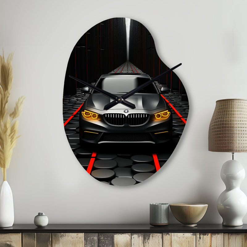 Abstrait de voiture noire - horloge murale route asymétrique en métal, horloge de forme unique rouge, Petit