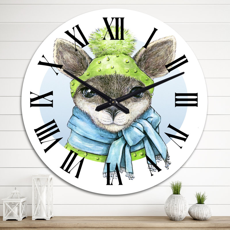 Portrait d'un petit kangeroo avec un chapeau vert - horloge murale pour enfants, Grand
