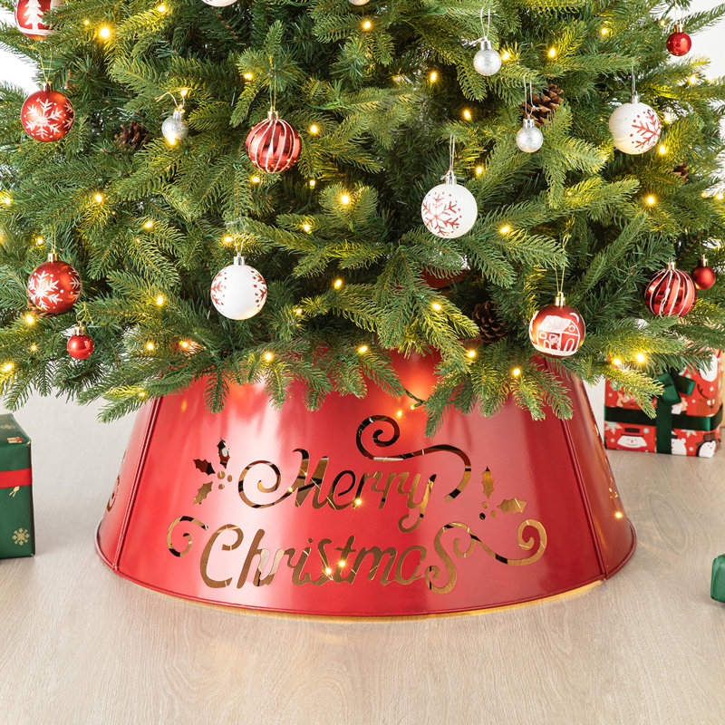 Red Metal Merry Christmas Tree Collar with Lights