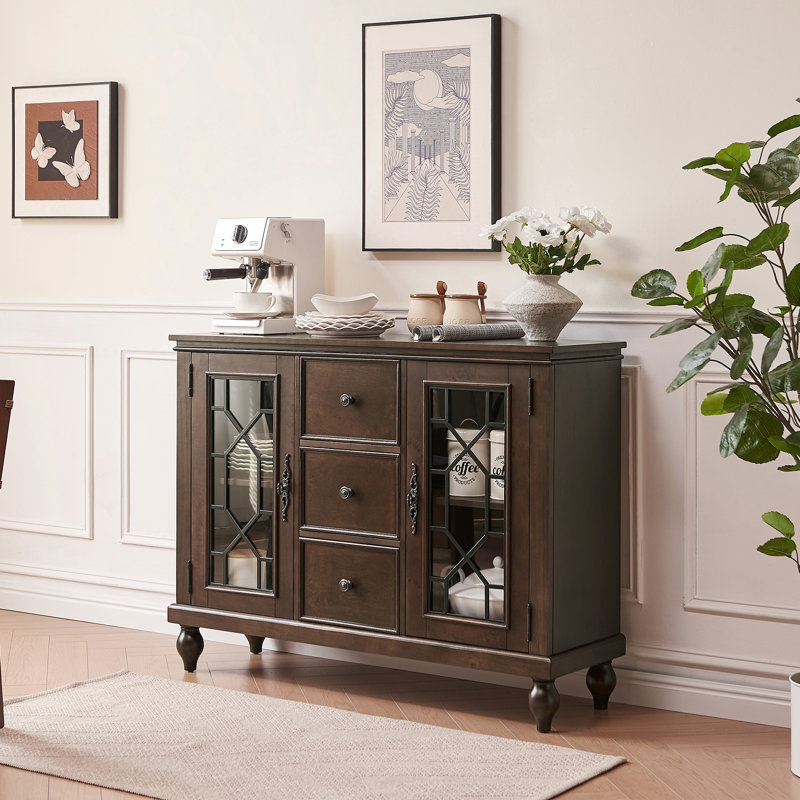 45" Sideboard and Buffet with Glass Door, Credenza with 3 Drawers for Living Room, Dining Room and Kitchen, Darkwalnut