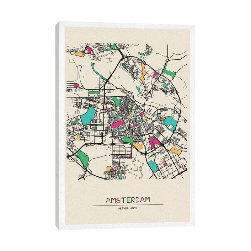 Amsterdam, Netherlands Map by Ayse Deniz Akerman - Print on Canvas, 152.5 cm H x 101.5 cm W, White Floater Frame