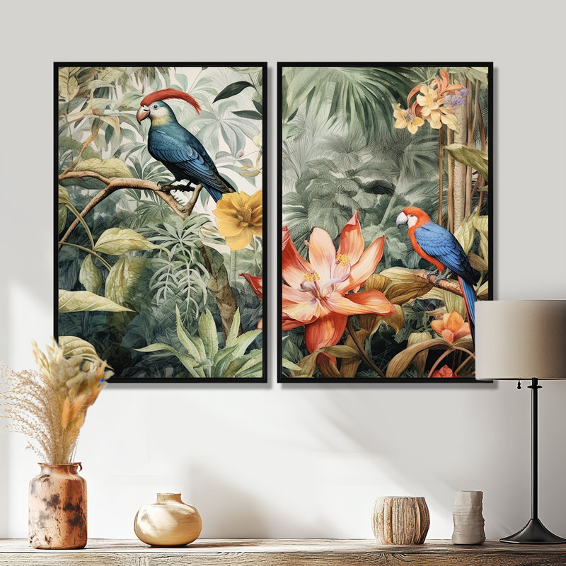 Perroquet au paradis II - Impressions d'art moderne sur toile, Impression encadrée flottante, Noir, H 36 po x l 48 po