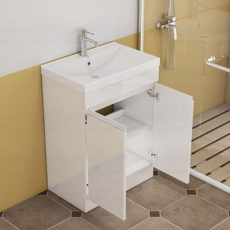 Meuble-lavabo de 24 po avec lavabo, conception sans poignée, lavabo en céramique à bords épais, charnières à fermeture en douceur, assemblage facile, finition blanc brillant