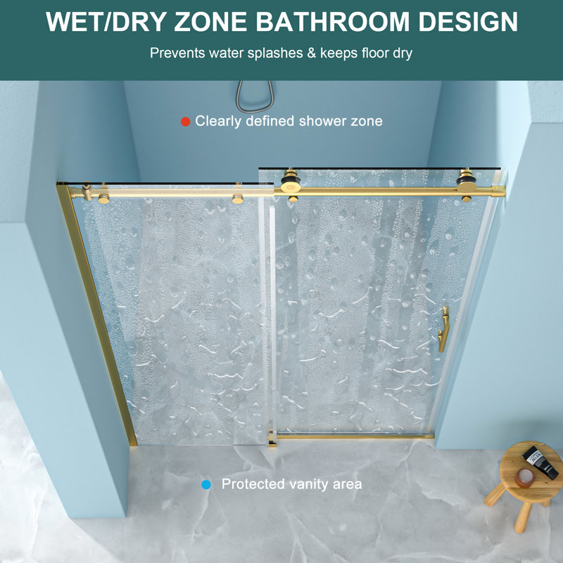 Space - Saving, Single Slide Bathroom Door, 48" 48.8", 8mm Tempered Glass, Gold Frame, Rust 48"w X 76"h Shower 304 Stainless Steel Reversible Left Right, Water Screen, Slip