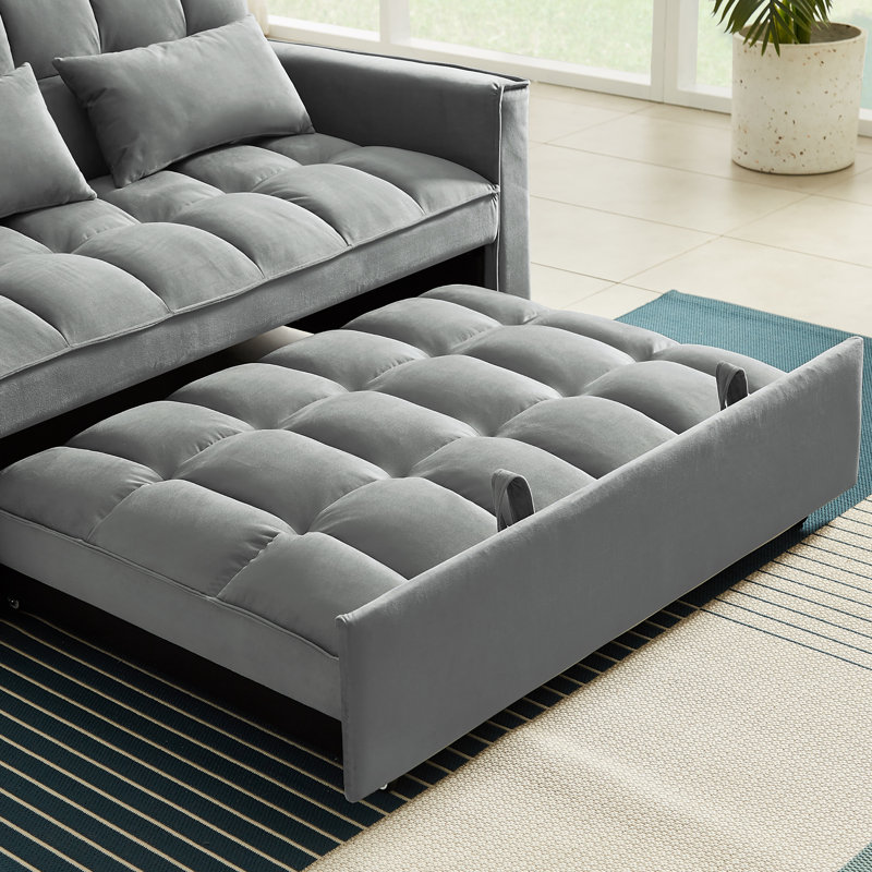 55'' Velvet Convertible Loveseat Sleeper Sofa with Adjustable Backrest, Pull-Out Bed and Pillows, Bluish Gray