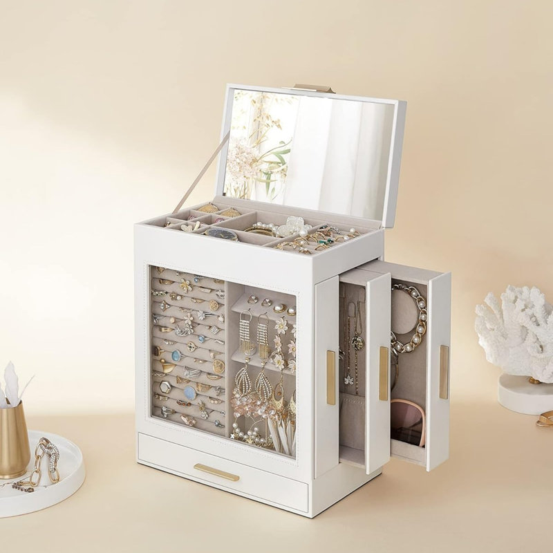 Boîte à bijoux 5 couches avec 3 tiroirs latéraux et grand miroir