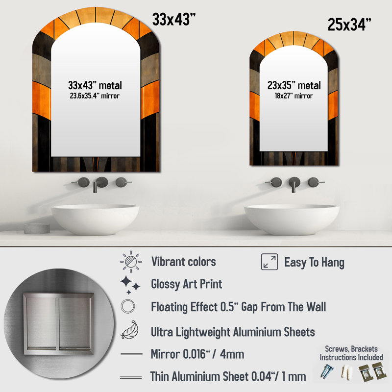 Orange And Grey Vectors - Abstract Shapes Asymmetrical Unique Wall Mirror, Modern Arch Mirror, Printed Metal Art, 34" x 25"